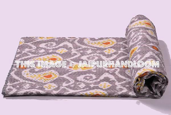 Queen Ikat Quilt Blanket In Gray Ikat Kantha Paisely-Jaipur Handloom