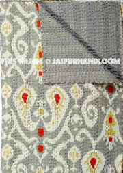 Queen Ikat Quilt Blanket In Gray Ikat Kantha Paisely-Jaipur Handloom