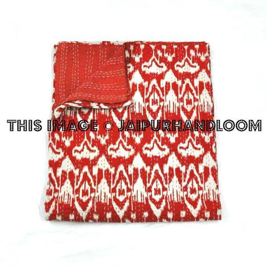 Queen Ikat Quilt Blanket In Red Ikat Kantha Throw