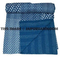 Queen Indigo Kantha Quilt, Patchwork Quilt kantha throw-Jaipur Handloom