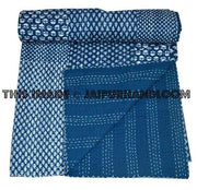 Queen Indigo Kantha Quilt, Patchwork Quilt kantha throw-Jaipur Handloom