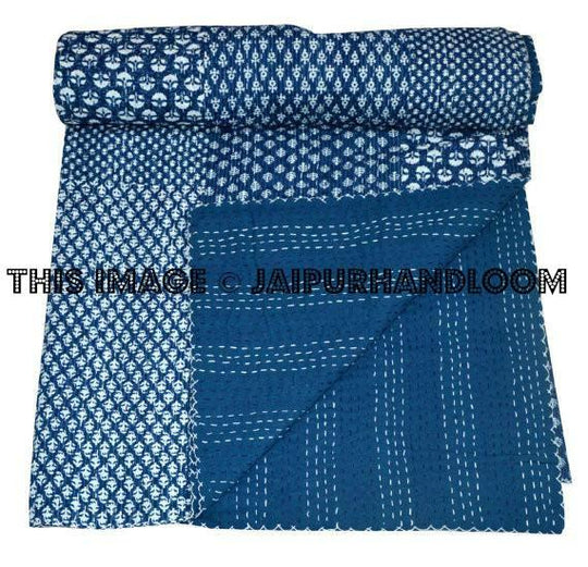 Queen Indigo Kantha Quilt, Patchwork Quilt kantha throw-Jaipur Handloom