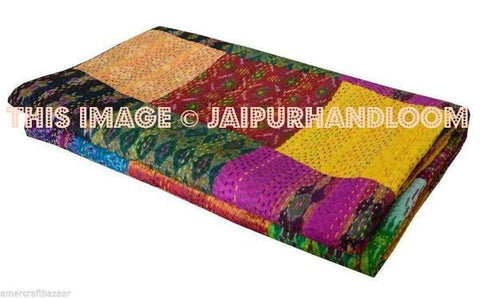Queen Kantha Bedding Quilt Silk Patchwork Kantha Throw-Jaipur Handloom