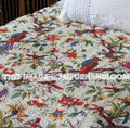 Queen Kantha Quilt Bird Print Quilt Handmade Queen Quilt Indian Bedspread White