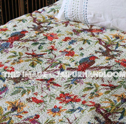 Queen Kantha Quilt Bird Print Quilt Handmade Queen Quilt Indian Bedspread White