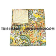 Queen Kantha Quilt In Beige paisley Kantha Bed cover-Jaipur Handloom