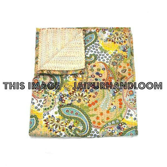 Queen Kantha Quilt In Beige paisley Kantha Bed cover-Jaipur Handloom