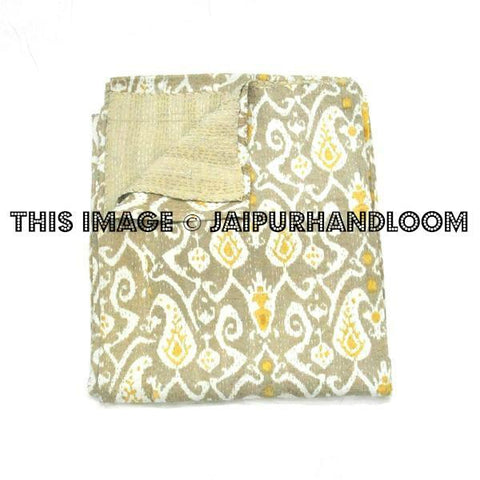 Queen Kantha Quilt In Beige paisley Kantha Bed cover