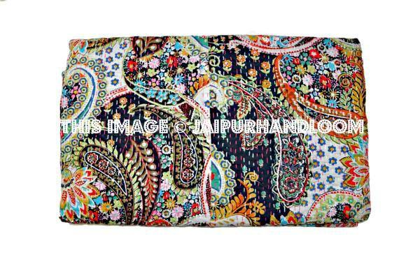 Queen Kantha Quilt In Black paisley Kantha Blanket-Jaipur Handloom