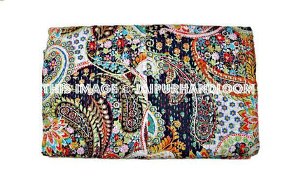 Queen Kantha Quilt In Black paisley Kantha Blanket-Jaipur Handloom