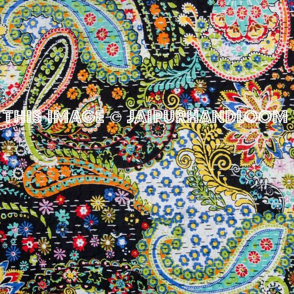 Queen Kantha Quilt In Black paisley Kantha Blanket-Jaipur Handloom