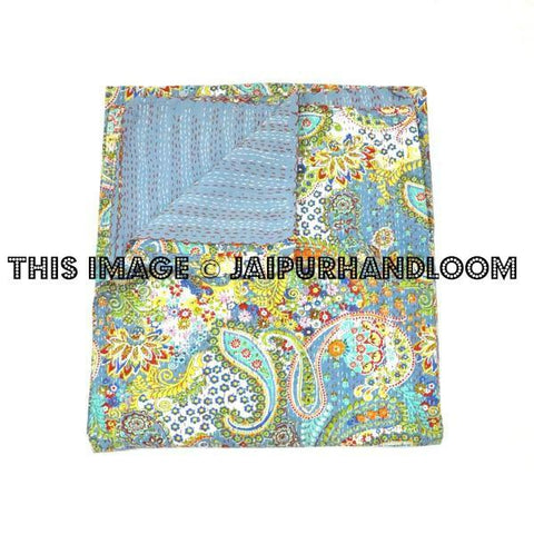 Queen Kantha Quilt In Blue paisley Kantha Bedspread