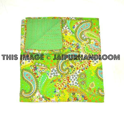 Queen Kantha Quilt In Green paisley Kantha Bed cover