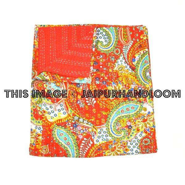 Queen Kantha Quilt In Red paisley Kantha Bed Cover