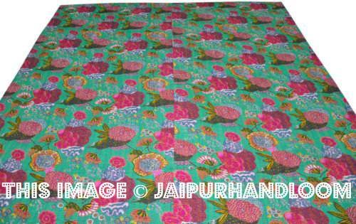 Queen Kantha Quilt In Turquoise Green Kantha Bed cover