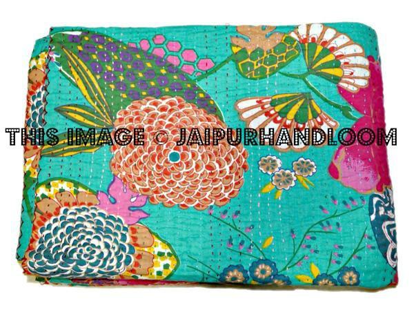 Queen Kantha Quilt In Turquoise Green Kantha Bed cover