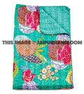 Queen Kantha Quilt In Turquoise Green Kantha Bed cover