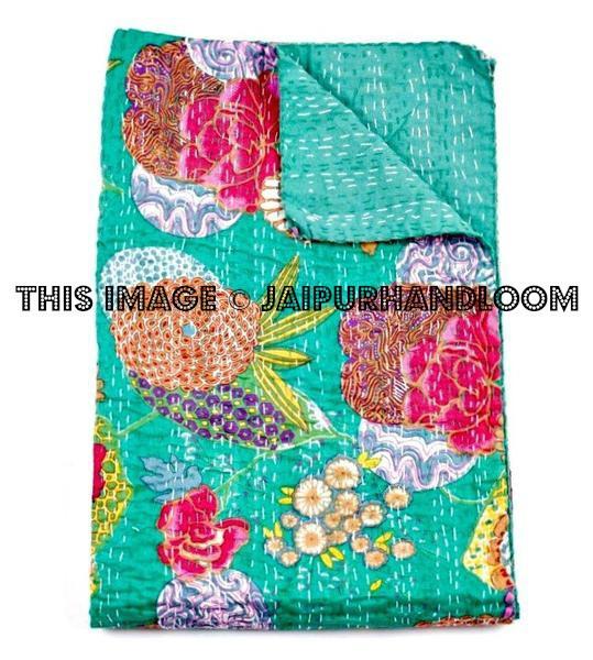 Queen Kantha Quilt In Turquoise Green Kantha Bed cover