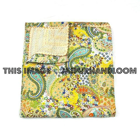 Queen Kantha Quilt In Yellow paisley Kantha Bedspread