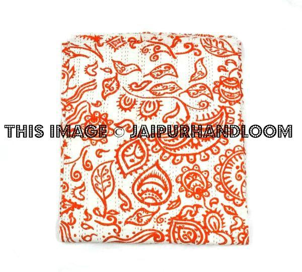 Queen Kantha Quilt In orange paisley Kantha Blanket