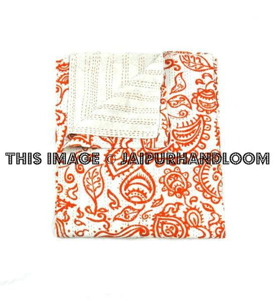 Queen Kantha Quilt In orange paisley Kantha Blanket