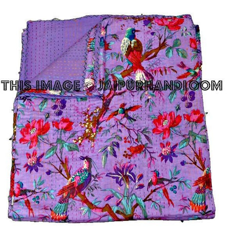 Queen Kantha Quilt In purple Cotton Kantha Throw blanket-Jaipur Handloom