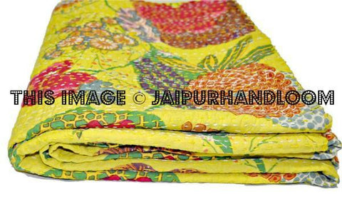Queen Kantha Quilt In yellow, Queen Floral Kantha Blanket, Queen Kantha Bedspread Throw, Kantha Bedding, queen Quilt, Indian Sari Quilt-Jaipur Handloom