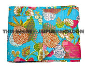Queen Kantha Quilt, Queen Bedcover, Indian Blanket in Blue, Floral Kantha Quilt in Queen, Indian Bedspread-Jaipur Handloom