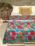 Queen Kantha Quilt, Queen Bedcover, Indian Blanket in Blue, Floral Kantha Quilt in Queen, Indian Bedspread-Jaipur Handloom