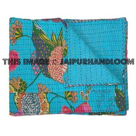 Queen Kantha Quilt Vintage Kantha Quilt Turquoise blue Floral Bedspread Kantha Bedding-Jaipur Handloom