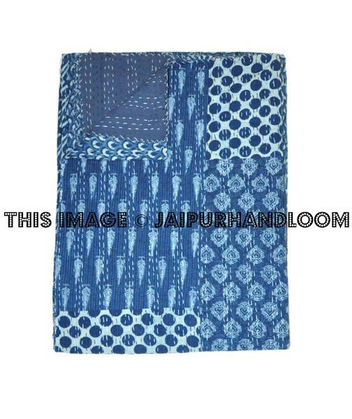 Queen Kantha Quilt in Indigo Print, Indigo Kantha Bedspread, Queen Kantha Blanket, Indian Handmade Sofa Throw, Decorative Curtains in Queen Size