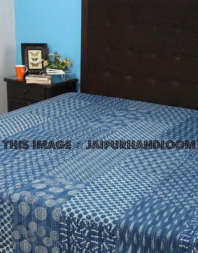 Queen Kantha Quilt in Indigo Print, Indigo Kantha Bedspread, Queen Kantha Blanket, Indian Handmade Sofa Throw, Decorative Curtains in Queen Size