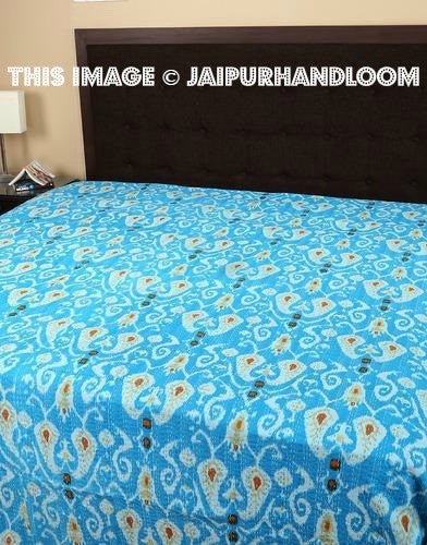 Queen Paisley Kantha Quilt, Kantha Quilt in Turquoise Blue, Queen Blanket, Handmade Bedspread, Coverlet, Sofa Throw-Jaipur Handloom