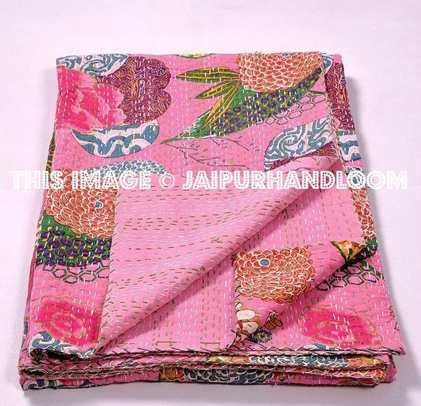 Queen Quilt Kantha Quilt Floral Quilt Queen Bed Cover-Jaipur Handloom