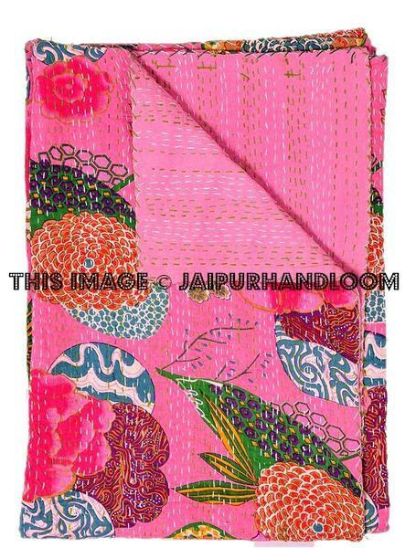 Queen Quilt Kantha Quilt Floral Quilt Queen Bed Cover-Jaipur Handloom