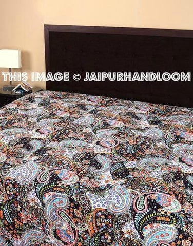 Queen Quilt in Black Paisley, Reversible Handmade Kantha Bedspread Coverlet, Queen Sofa Throw, Kantha Blanket in Black, Marriage Gift