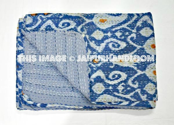 Queen Sari Indian cotton Ikat quilt in blue paisley Bed cover-Jaipur Handloom