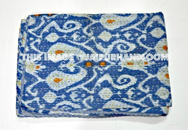 Queen Sari Indian cotton Ikat quilt in blue paisley Bed cover-Jaipur Handloom