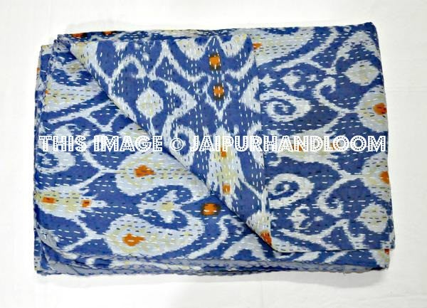 Queen Sari Indian cotton Ikat quilt in blue paisley Bed cover-Jaipur Handloom