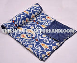Queen Sari Indian cotton Ikat quilt in blue paisley Bed cover-Jaipur Handloom