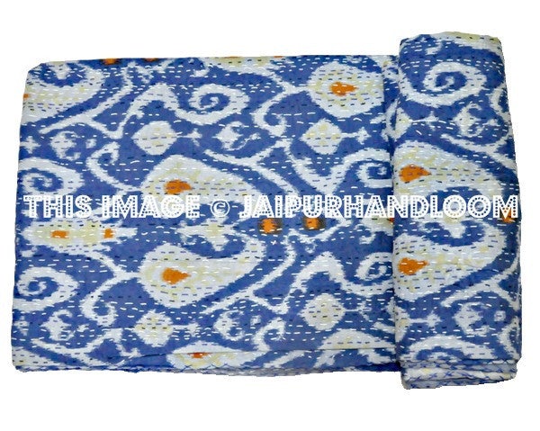 Queen Sari Indian cotton Ikat quilt in blue paisley Bed cover-Jaipur Handloom
