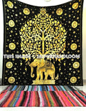 Queen Tie-Dye Elephant Tapestry, Elephant Under Tree Of Life Tapestry-Jaipur Handloom