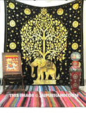 Queen Tie-Dye Elephant Tapestry, Elephant Under Tree Of Life Tapestry-Jaipur Handloom