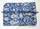 Queen ikat Kantha Quilt, Blue Paisley Kantha Bedcover, Queen Bedspread, Kantha Blanket-Jaipur Handloom