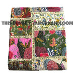 Queen patchwork Sari Kantha Quilt Floral Bedspread Bedding-Jaipur Handloom