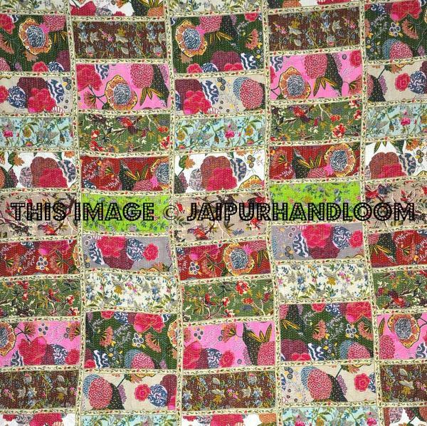 Queen patchwork Sari Kantha Quilt Floral Bedspread Bedding-Jaipur Handloom
