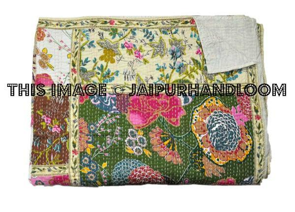 Queen patchwork Sari Kantha Quilt Floral Bedspread Bedding-Jaipur Handloom