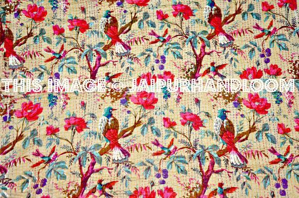 Queen sari kantha quilt in Beige indian kantha blanket-Jaipur Handloom