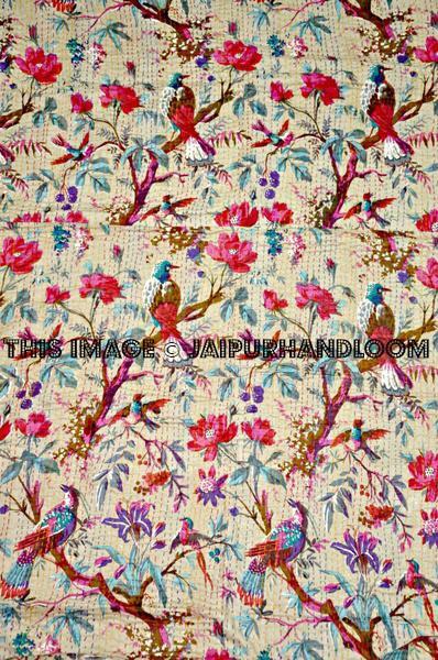 Queen sari kantha quilt in Beige indian kantha blanket-Jaipur Handloom