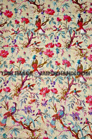 Queen sari kantha quilt in Beige indian kantha blanket-Jaipur Handloom